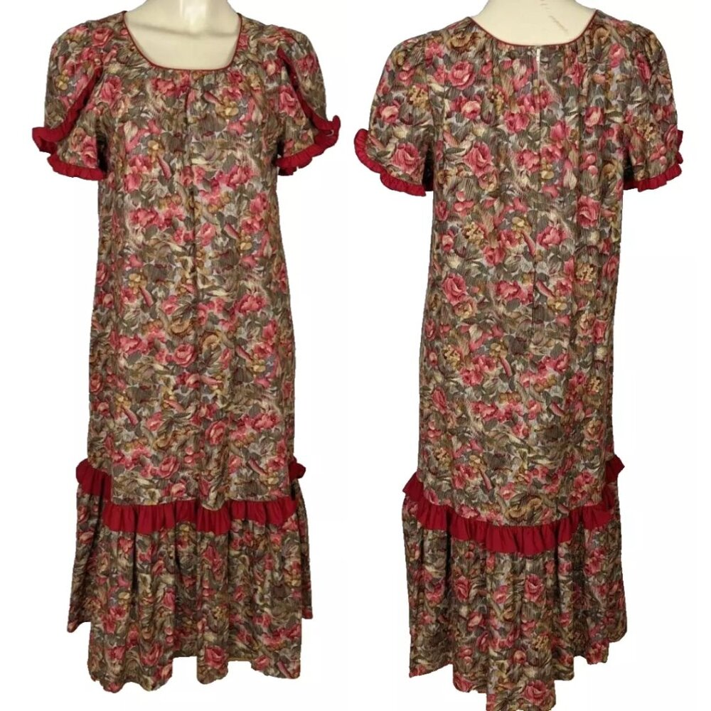 Vintage Kayla-g Hawaii ruffled Muu Muu cotton red floral dress sz‎ Medium